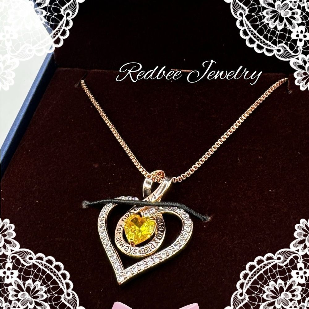 NIB Redbee 18kt GP, Rose‎ gold over s925, Yellow CZ in heart necklace!